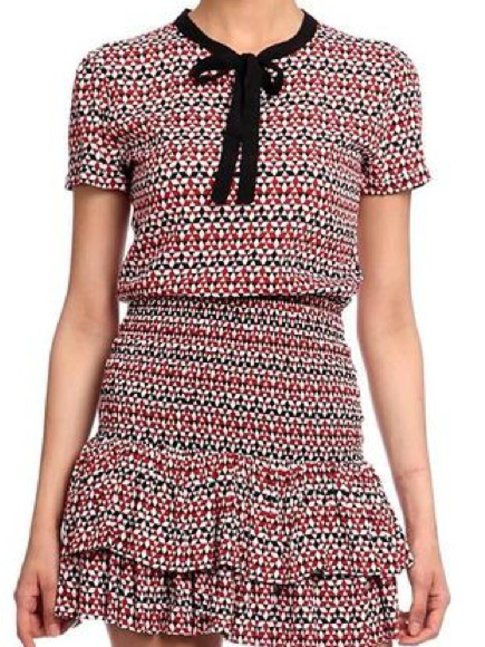 Maje Paris Geometric Print Smocked Mini Dress Red Black White Tie Neck Size 1